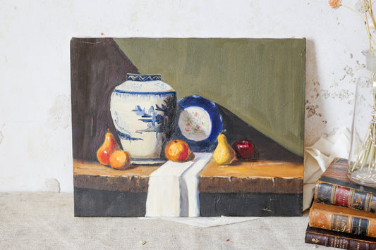 Original Still Life Painting of Blue & White Jar with Pears