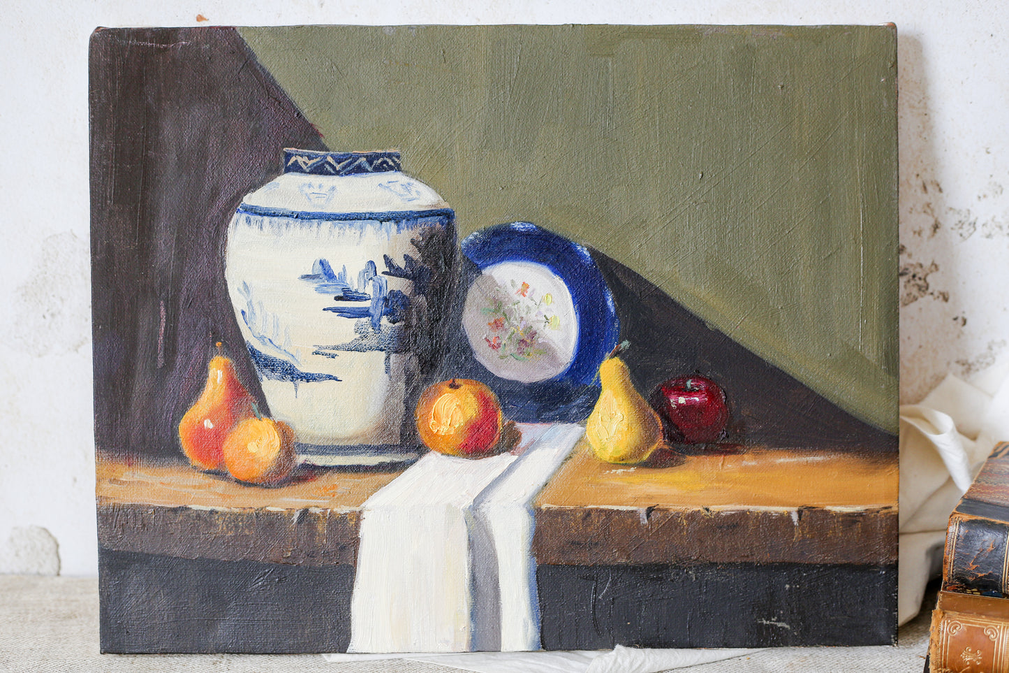 Original Still Life Painting of Blue & White Jar with Pears