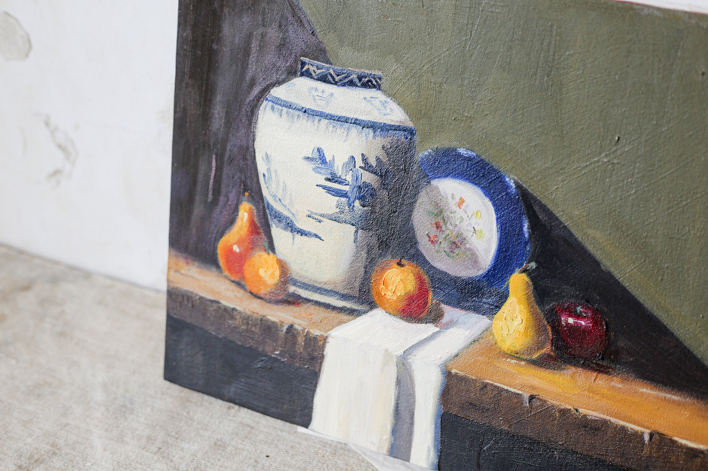 Original Still Life Painting of Blue & White Jar with Pears