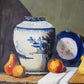 Original Still Life Painting of Blue & White Jar with Pears