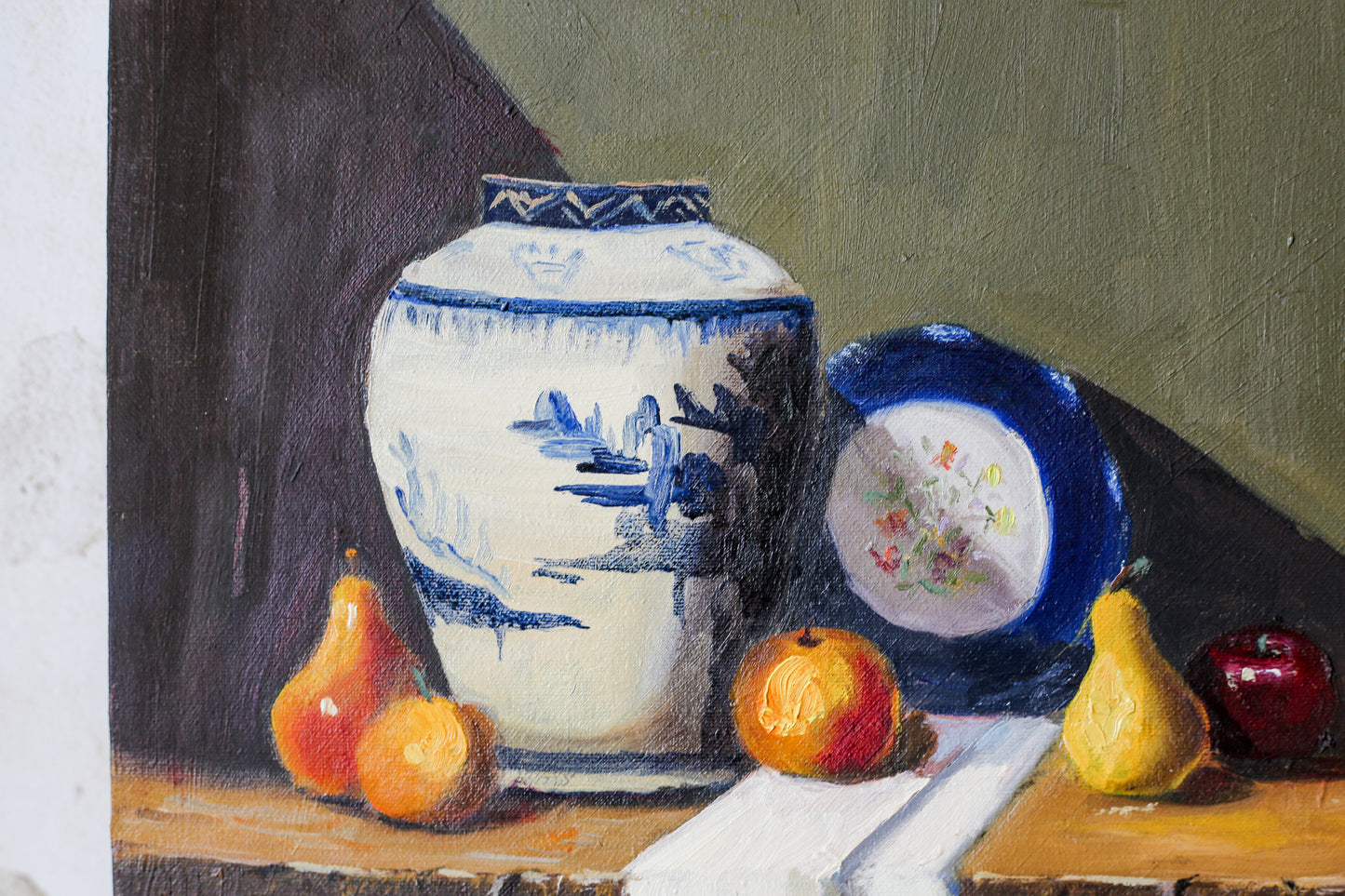 Original Still Life Painting of Blue & White Jar with Pears