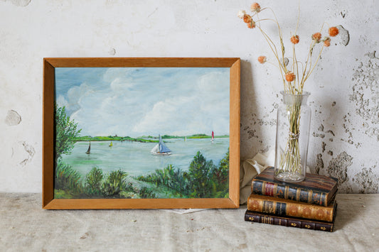 Vintage Original Oil Painting of Norfolk Broads, England