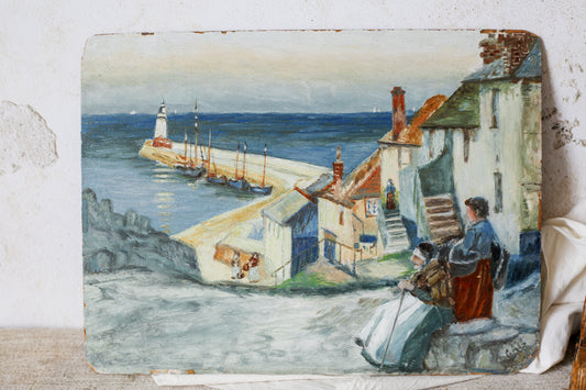 Vintage Original Oil Painting of English Fishing Village