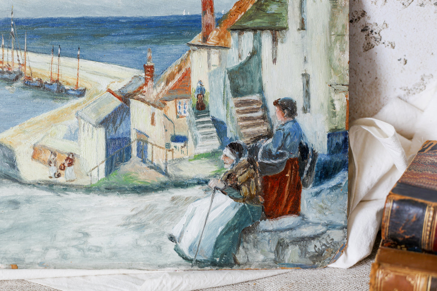 Vintage Original Oil Painting of English Fishing Village