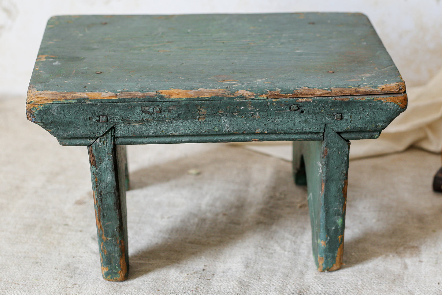 Primitive Handmade Green Painted Wood Stool