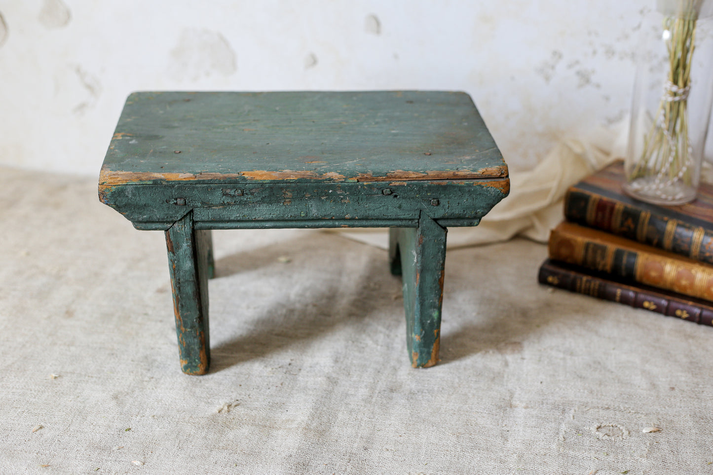 Primitive Handmade Green Painted Wood Stool