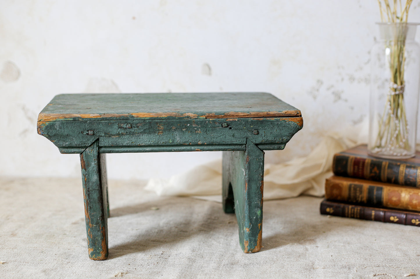 Primitive Handmade Green Painted Wood Stool