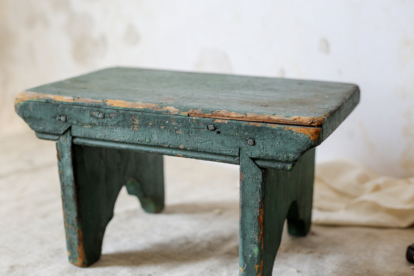 Primitive Handmade Green Painted Wood Stool