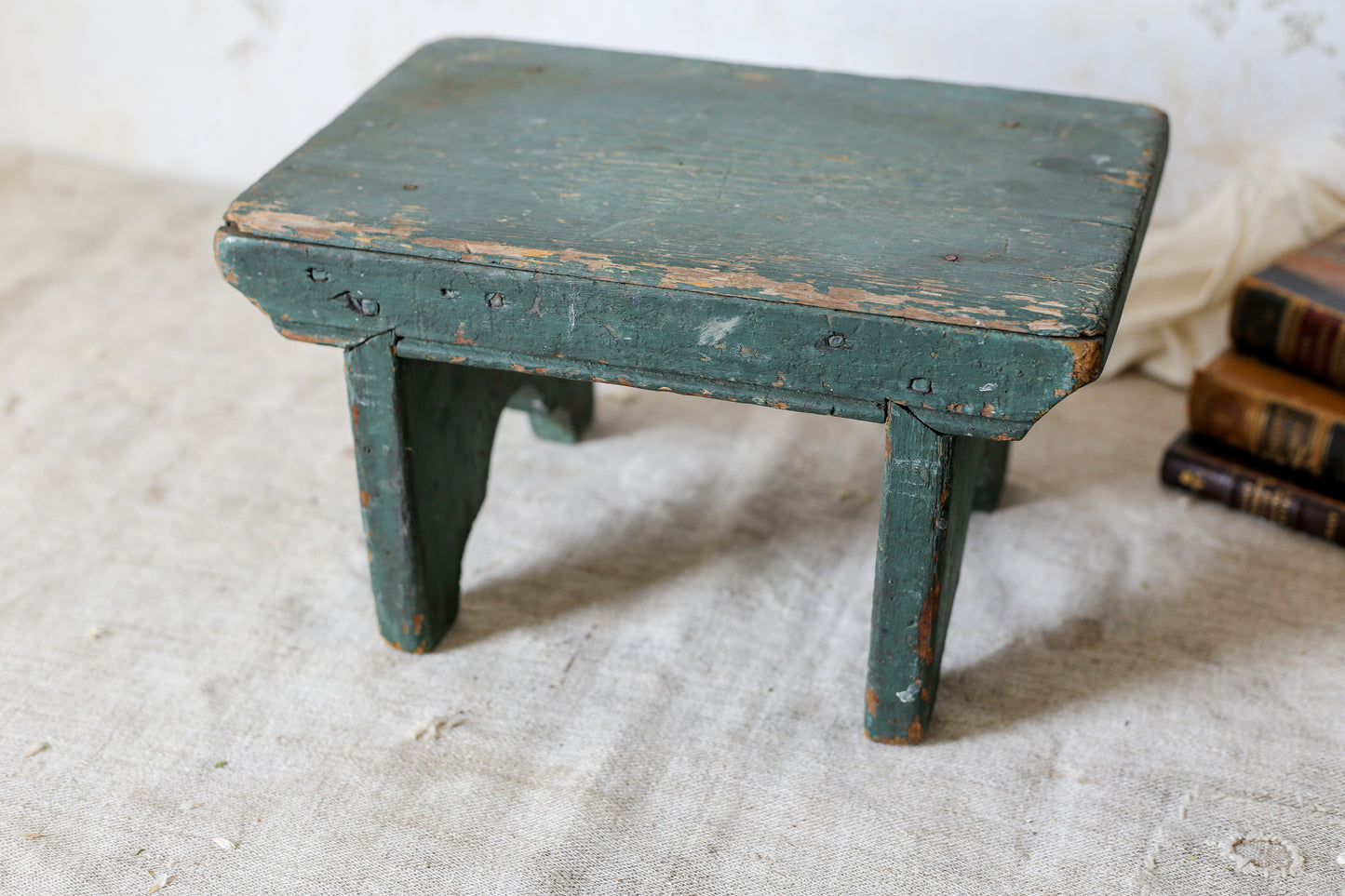 Primitive Handmade Green Painted Wood Stool