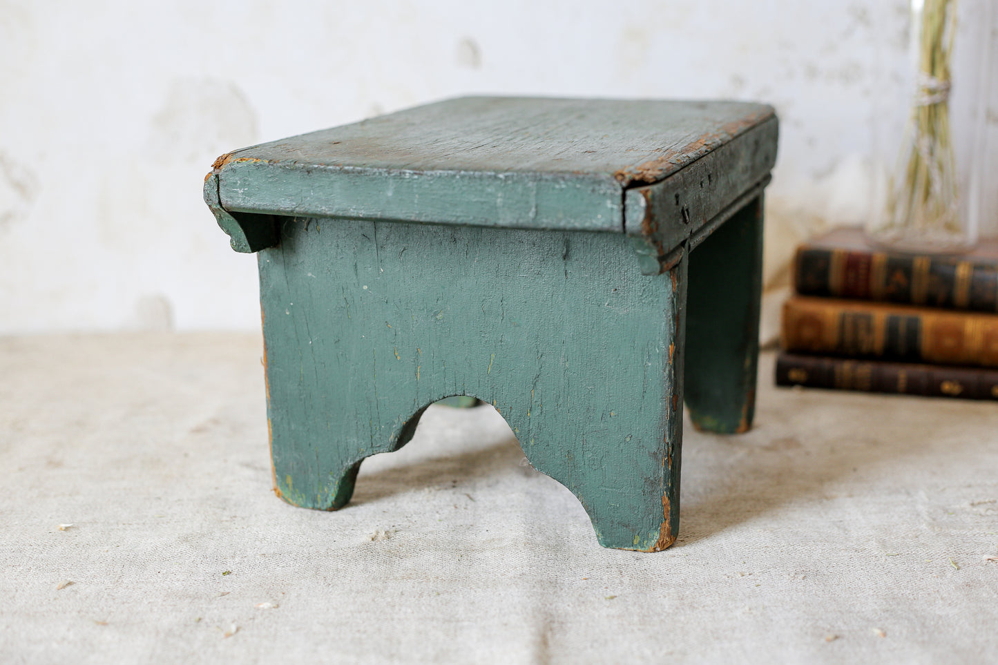 Primitive Handmade Green Painted Wood Stool