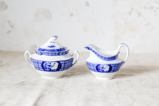 Antique Flow Blue Sugar Bowl & Creamer Set - Mongolia by Johnson Brothers