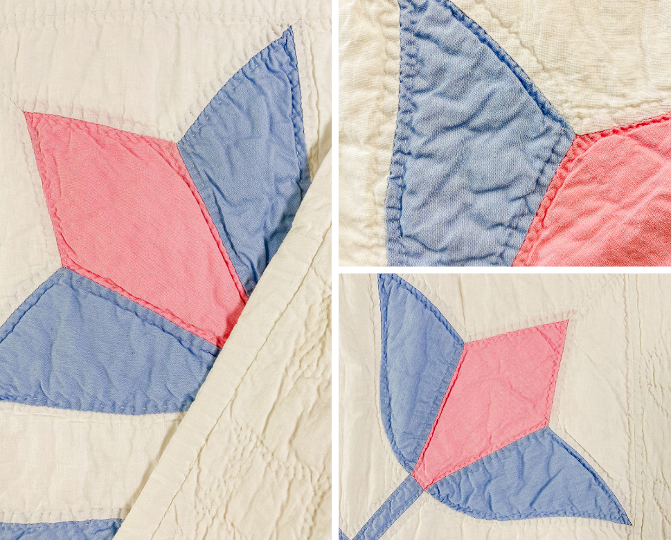 Vintage Pastel Blue & Pink Crossed Tulips Quilt, c1930