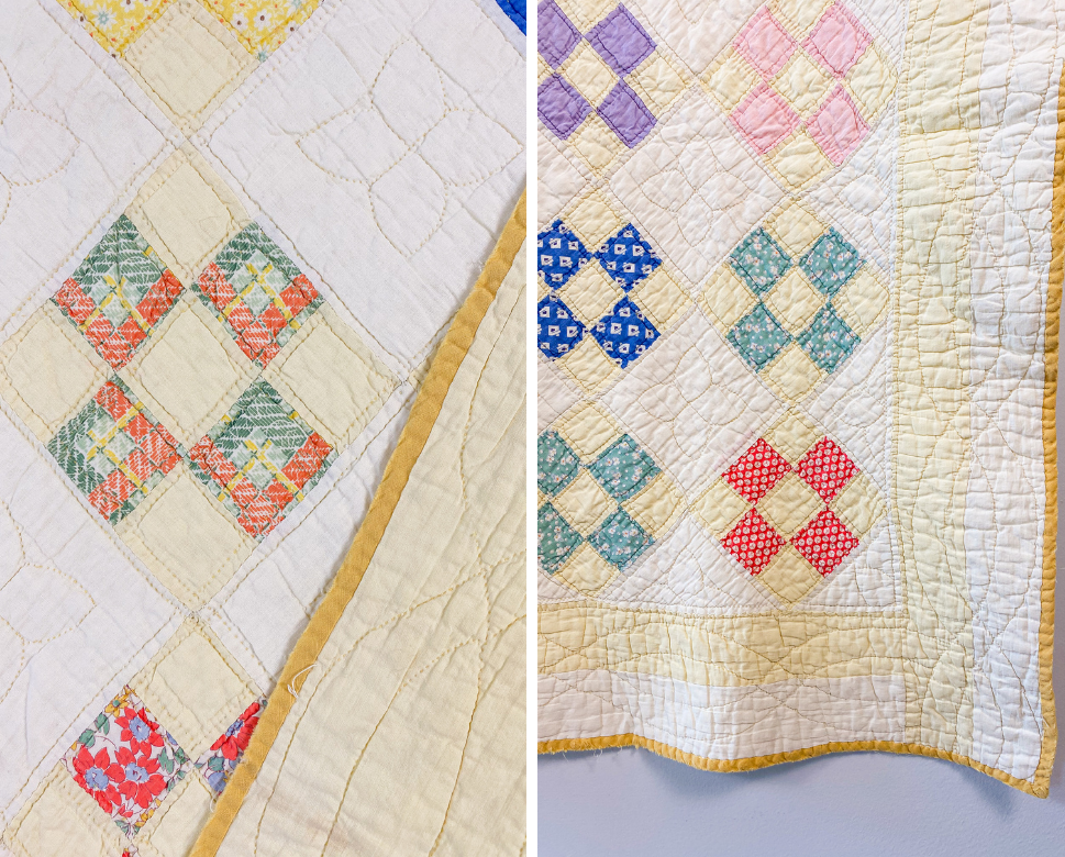 Vintage Yellow Nine Patch on Point Quilt, c1940