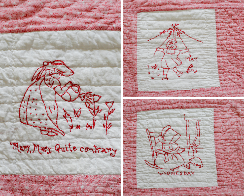 Vintage Redwork Nursery Rhyme Crib Quilt, c1920