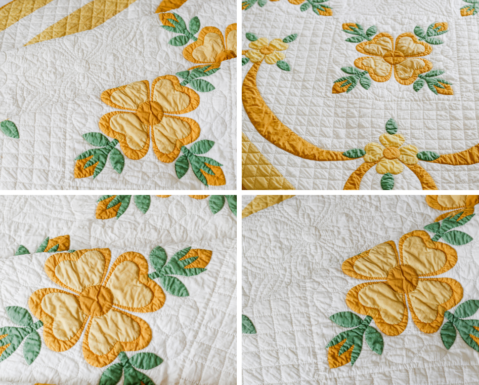 Vintage Yellow and Green Rose of Sharon Applique Quilt, c1930