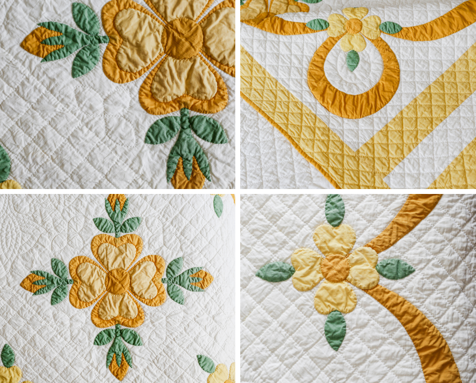 Vintage Yellow and Green Rose of Sharon Applique Quilt, c1930