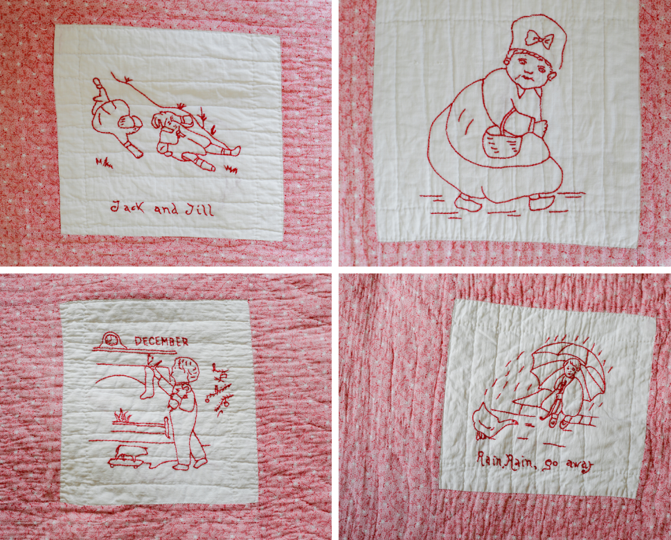 Vintage Redwork Nursery Rhyme Crib Quilt, c1920