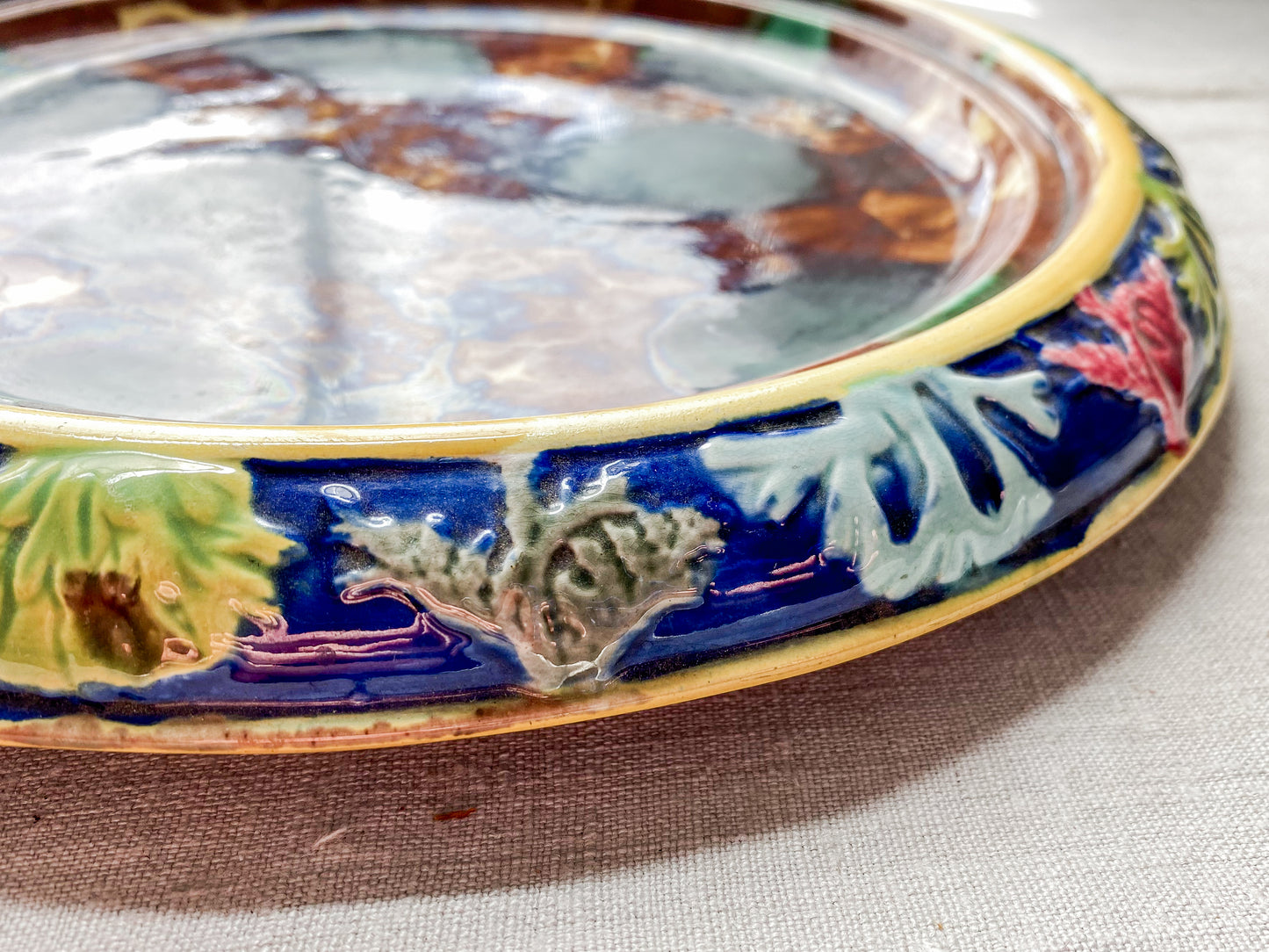 Antique Majolica Round Footed Bread Platter with Mottled Center