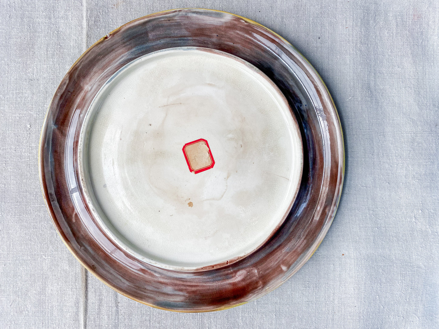 Antique Majolica Round Footed Bread Platter with Mottled Center