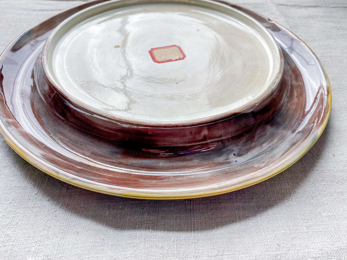 Antique Majolica Round Footed Bread Platter with Mottled Center