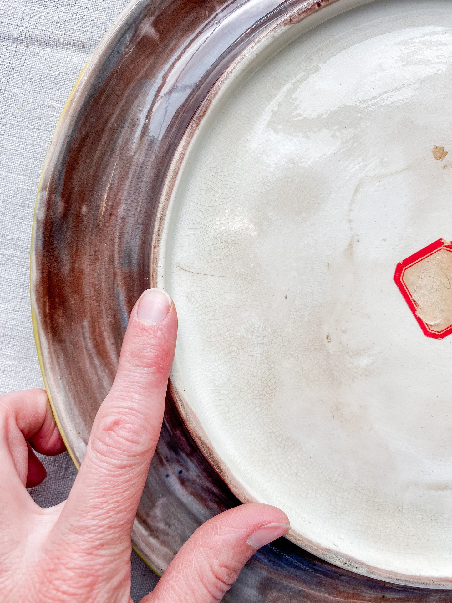 Antique Majolica Round Footed Bread Platter with Mottled Center