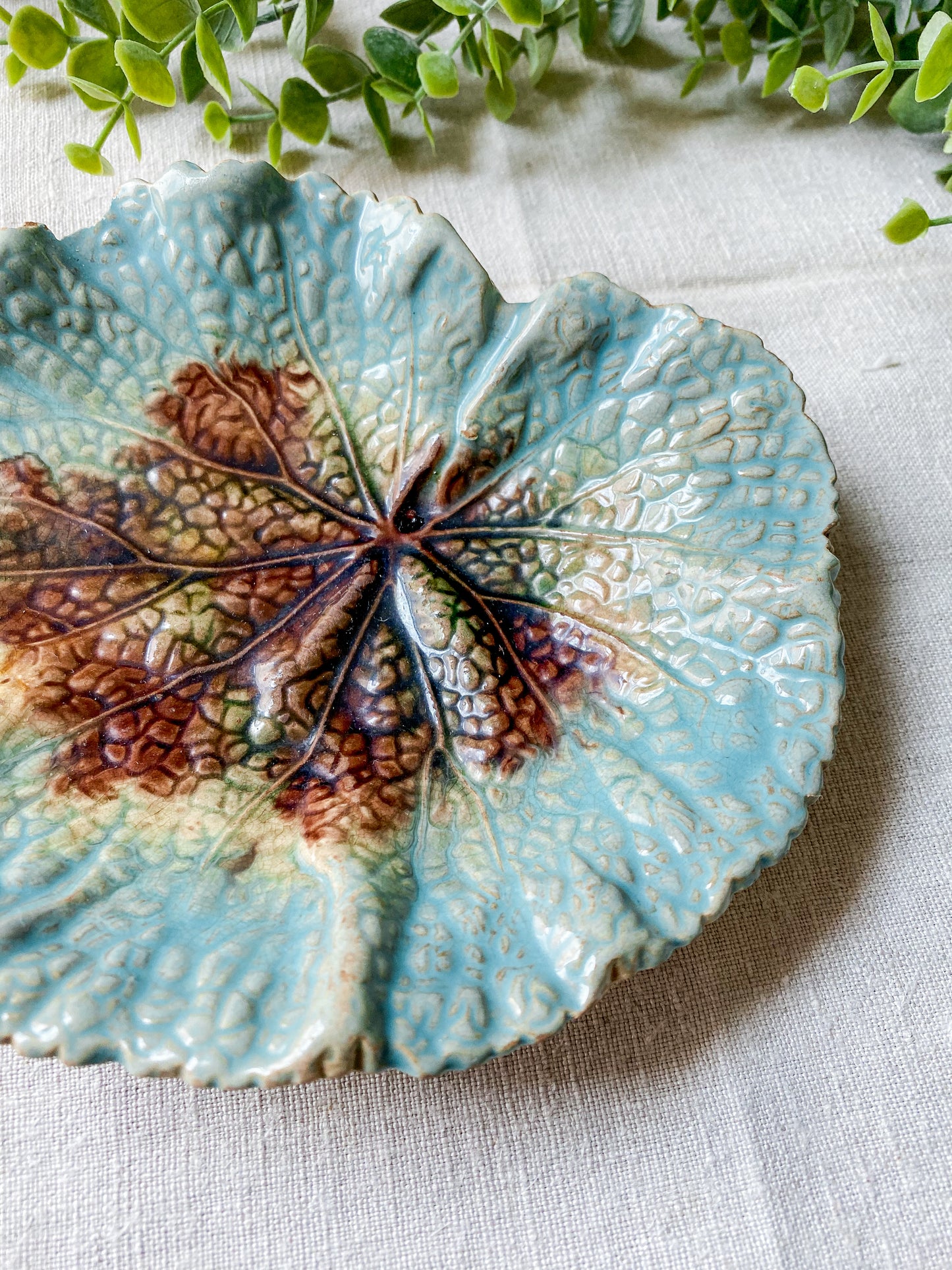 Antique Teal & Brown Etruscan Majolica Leaf Dish