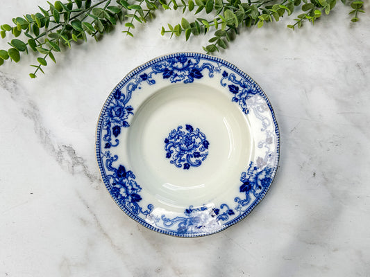 Antique Gilt Flow Blue 9” Soup Bowl - Delft by Brownfields Pottery, c1895