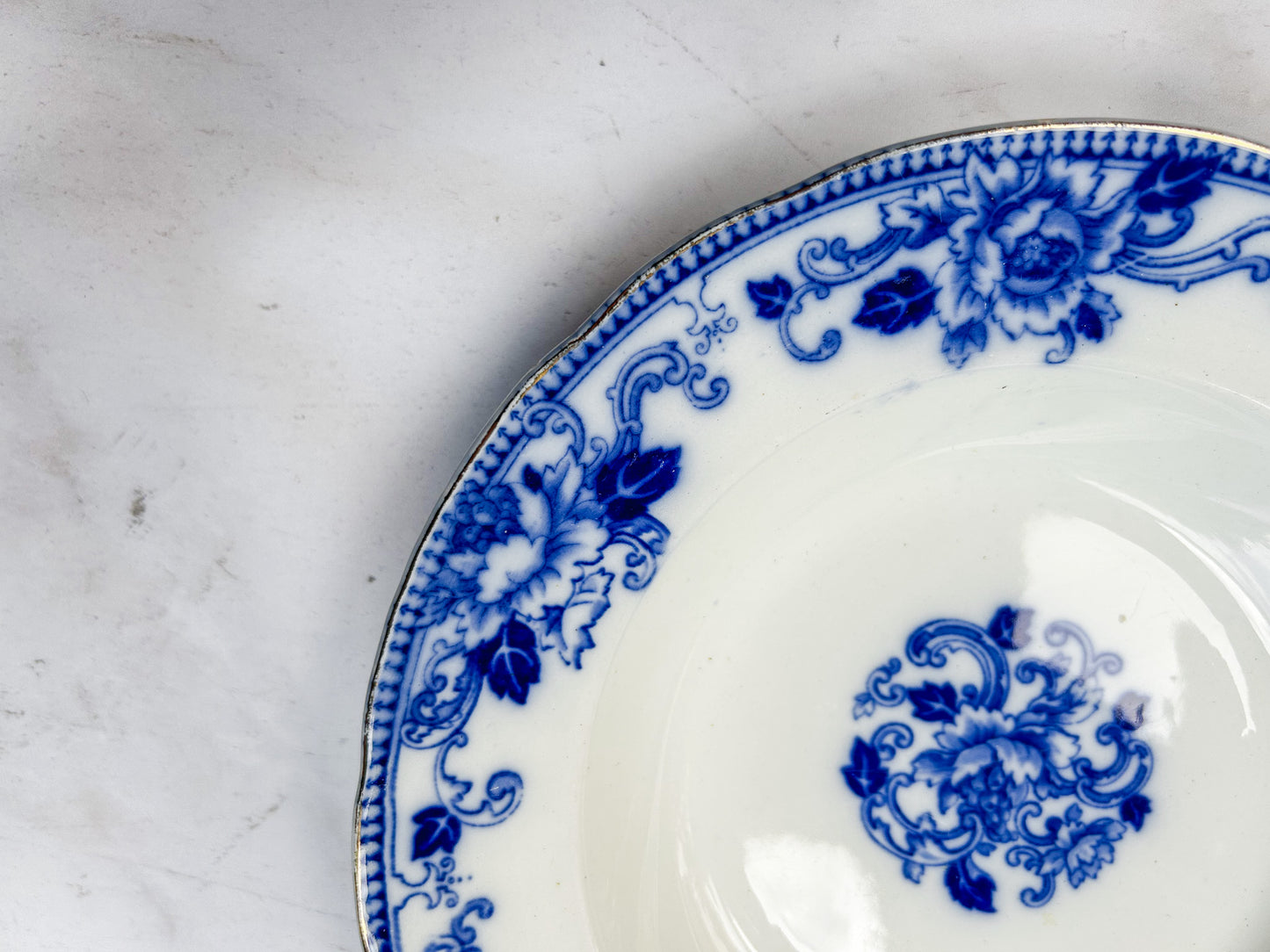 Antique Gilt Flow Blue 9” Soup Bowl - Delft by Brownfields Pottery, c1895