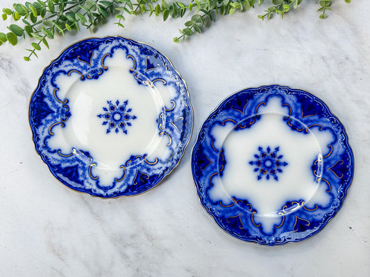 Antique Gilt Flow Blue 9” Ironstone Plates - Cambridge by Alfred Meakin, c1897
