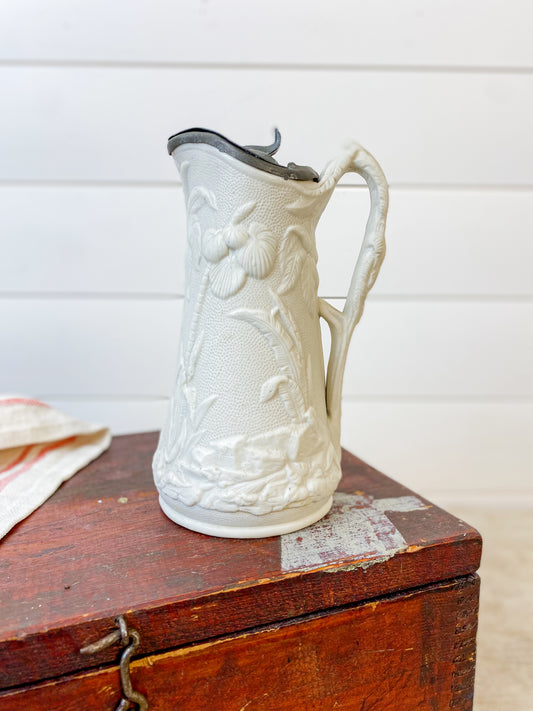 Antique Parian Palm Trees Relief 7.5" Syrup Pitcher with Pewter Lid