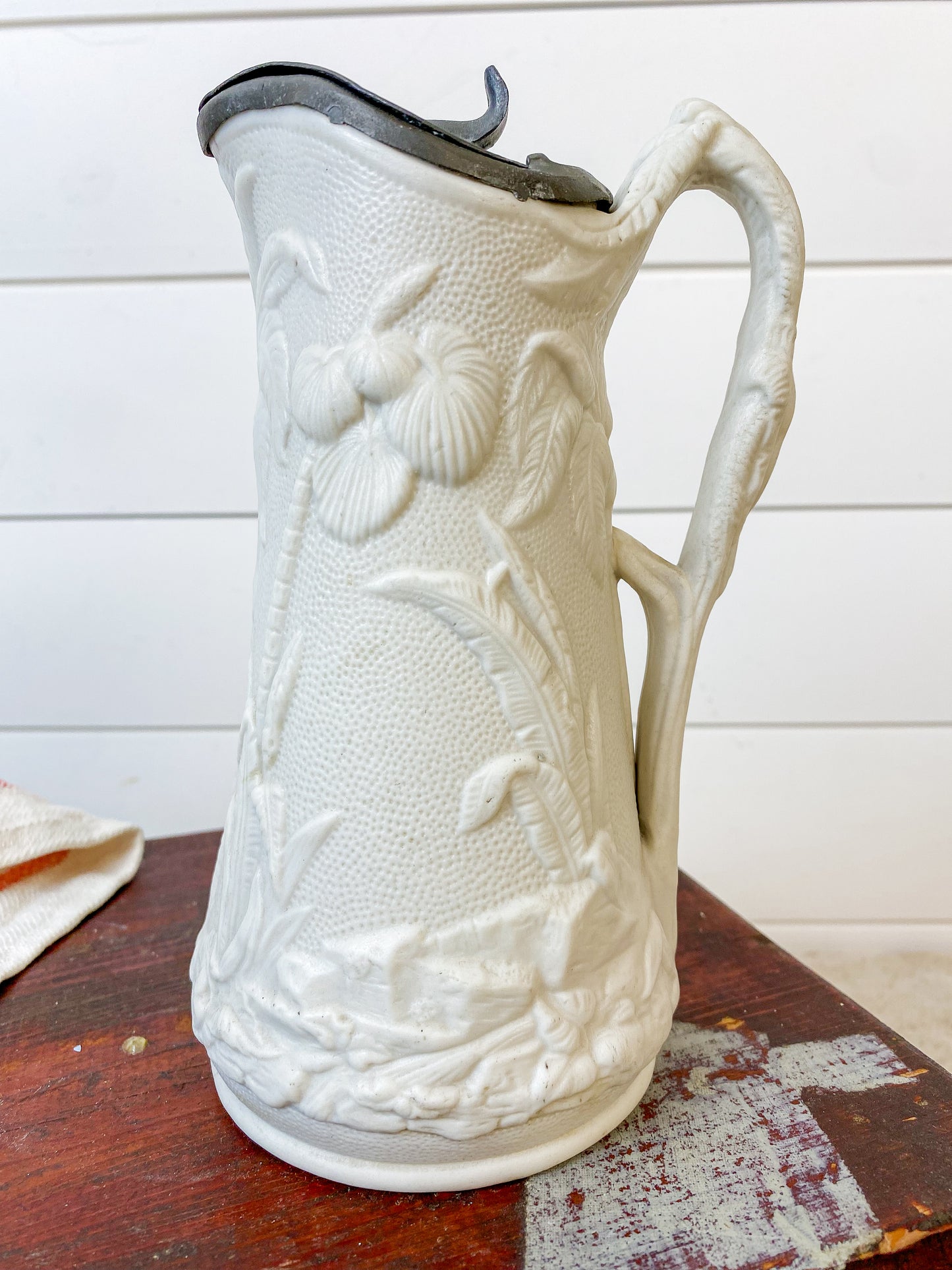 Antique Parian Palm Trees Relief 7.5" Syrup Pitcher with Pewter Lid