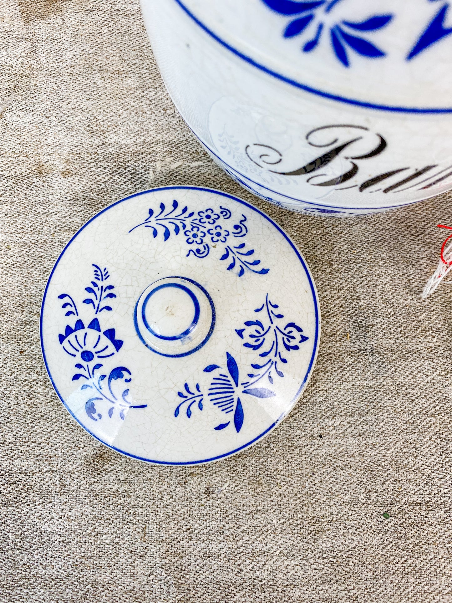 Antique German Blue Onion Ceramic Barley Canister, c1900