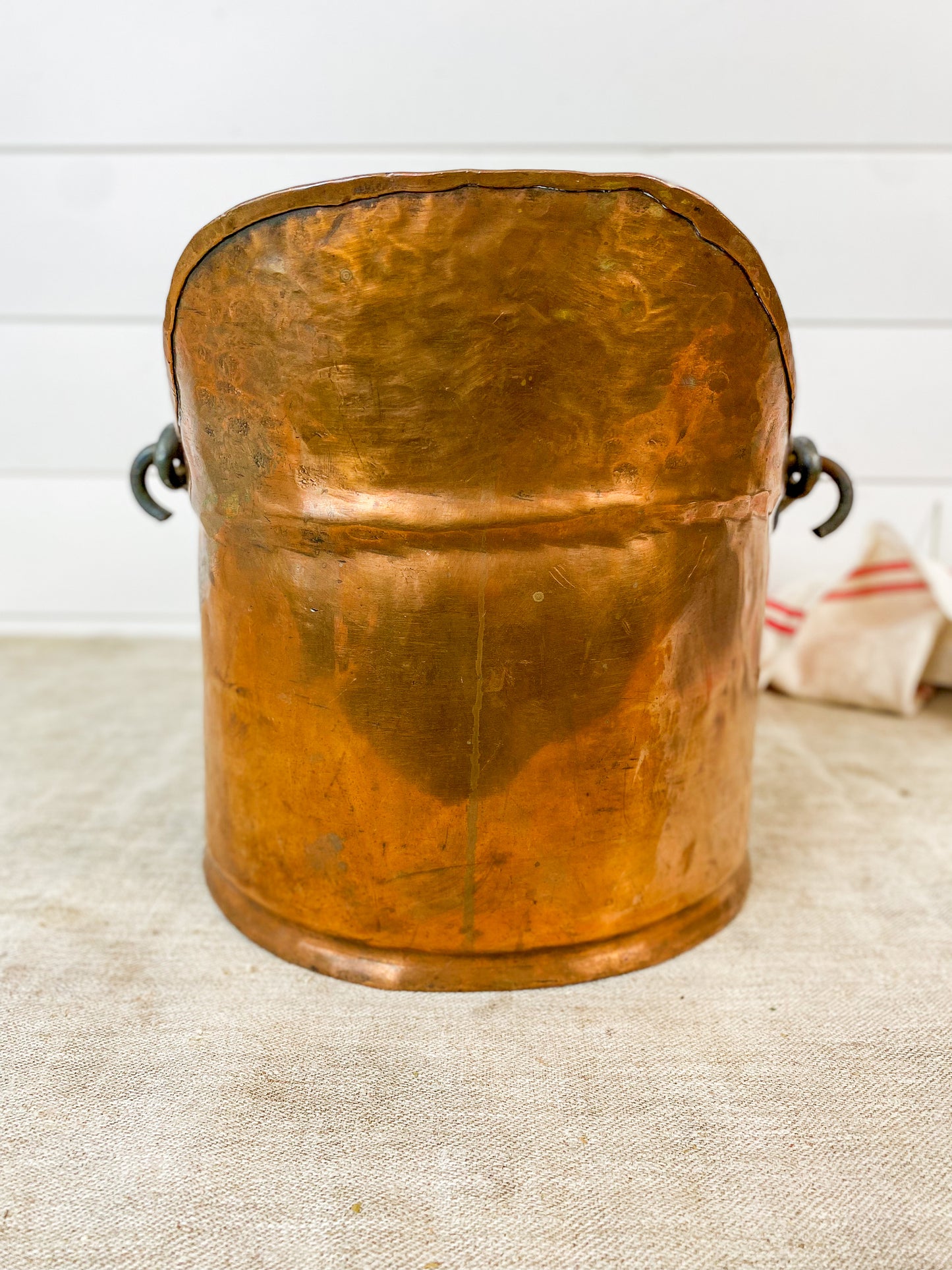 Antique Primitive Hammered Copper Coal Scuttle with Cast Iron Handles