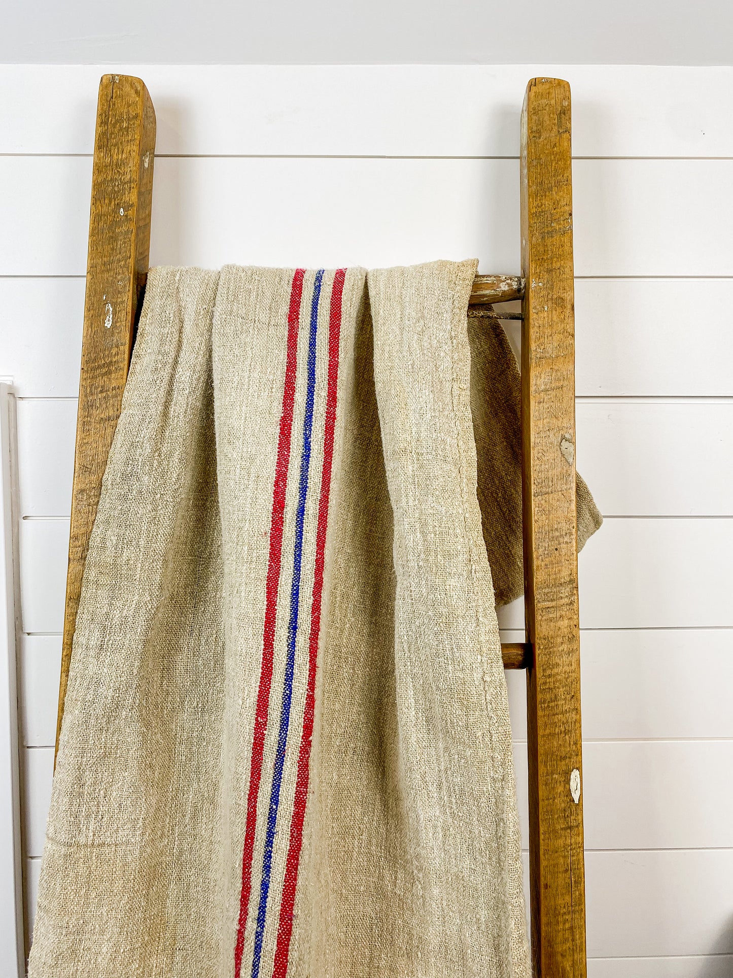 Antique Extra Large French Linen Grain Sack with Blue and Red Stripes, 51" x 22"
