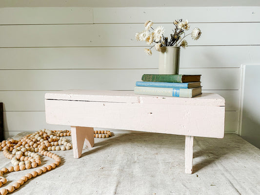 Vintage Light Pink Chippy Wooden Farmhouse Bench