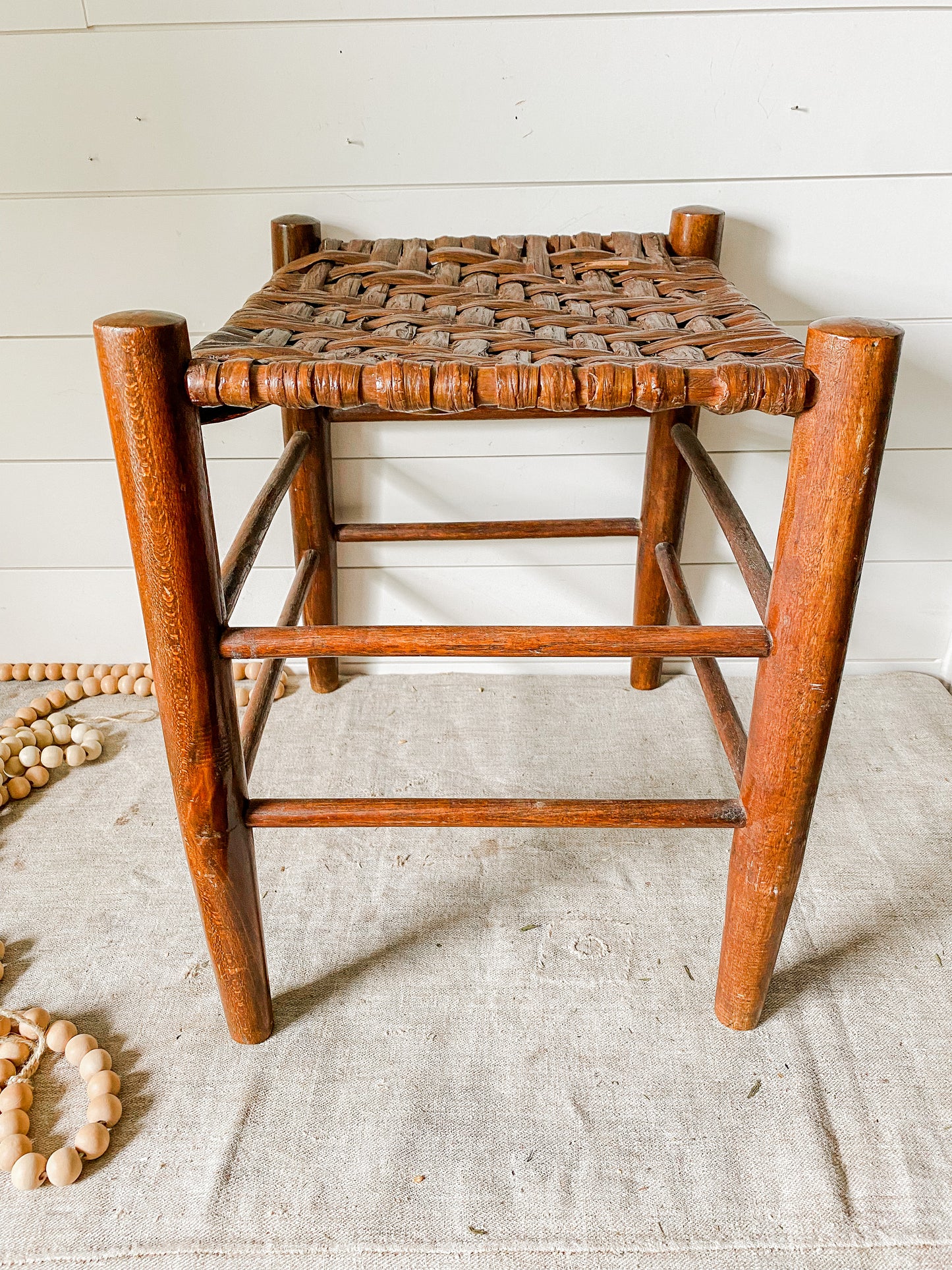 Vintage Handmade Shaker Style 18" Tall Stool with Woven Split Wood Seat | Rustic Farmhouse Plant Stand