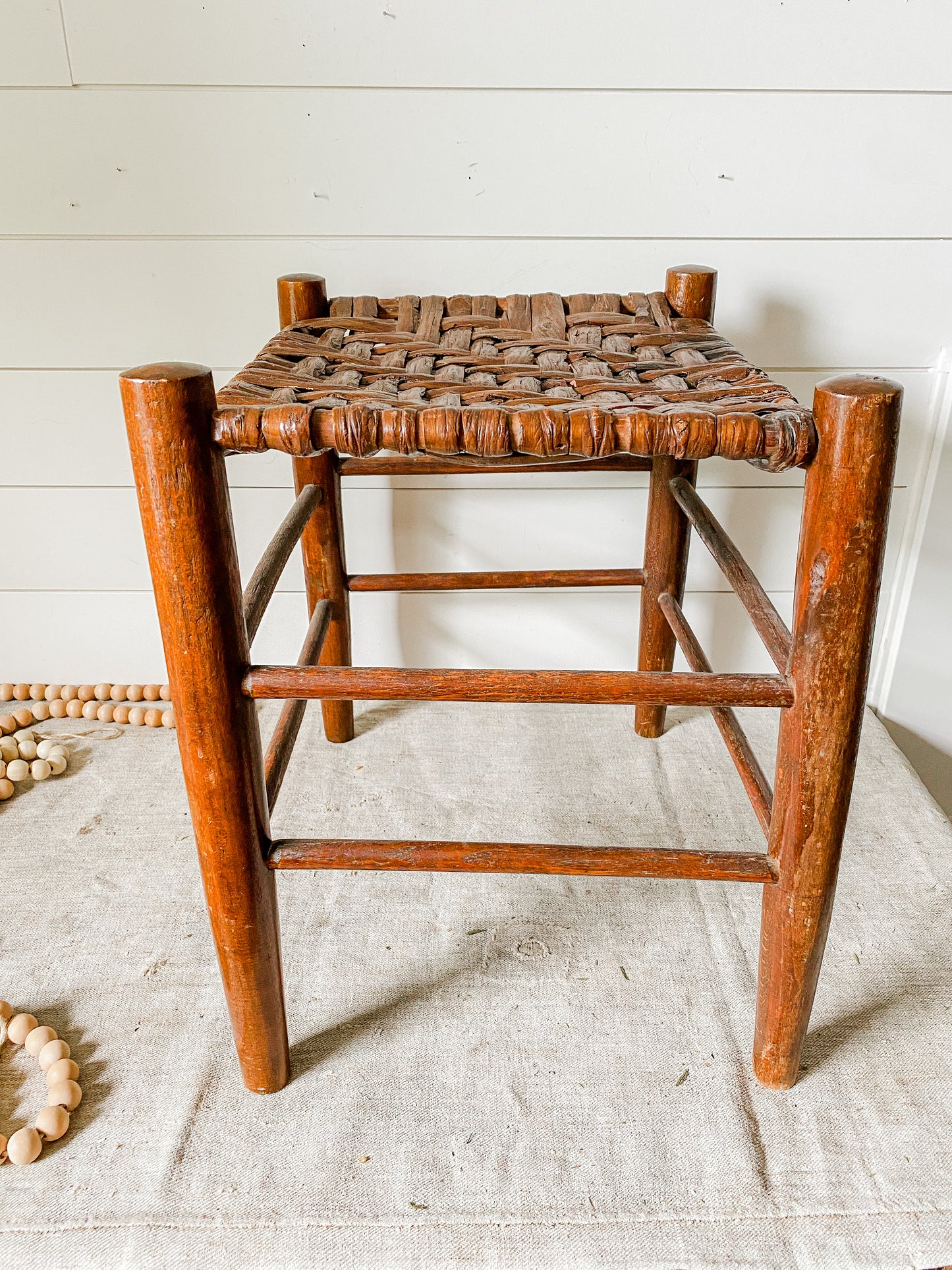 Vintage Handmade Shaker Style 18" Tall Stool with Woven Split Wood Seat | Rustic Farmhouse Plant Stand