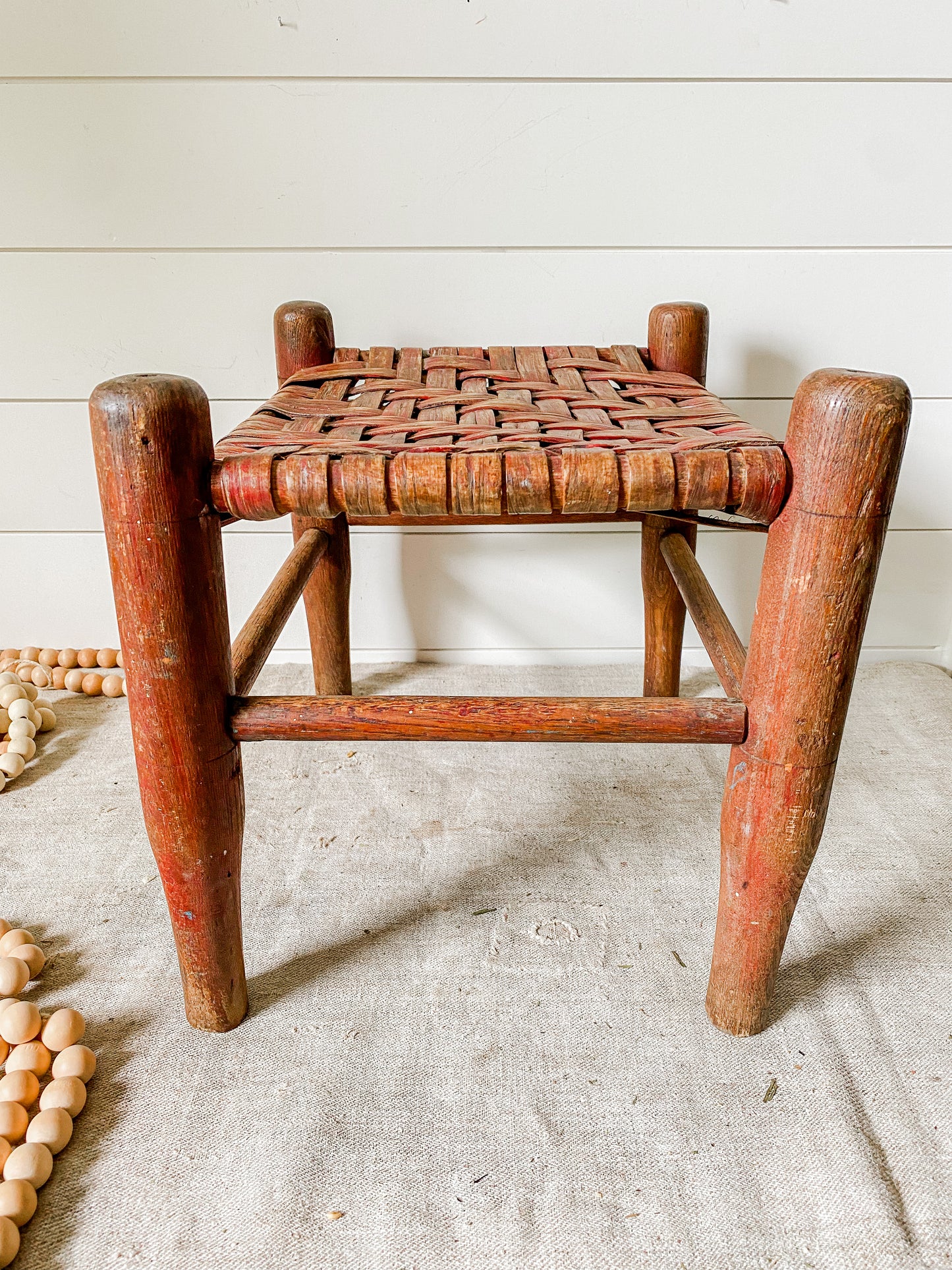 Vintage Handmade Shaker Style 13" Tall Stool with Woven Split Wood Seat | Flat Rush Stool