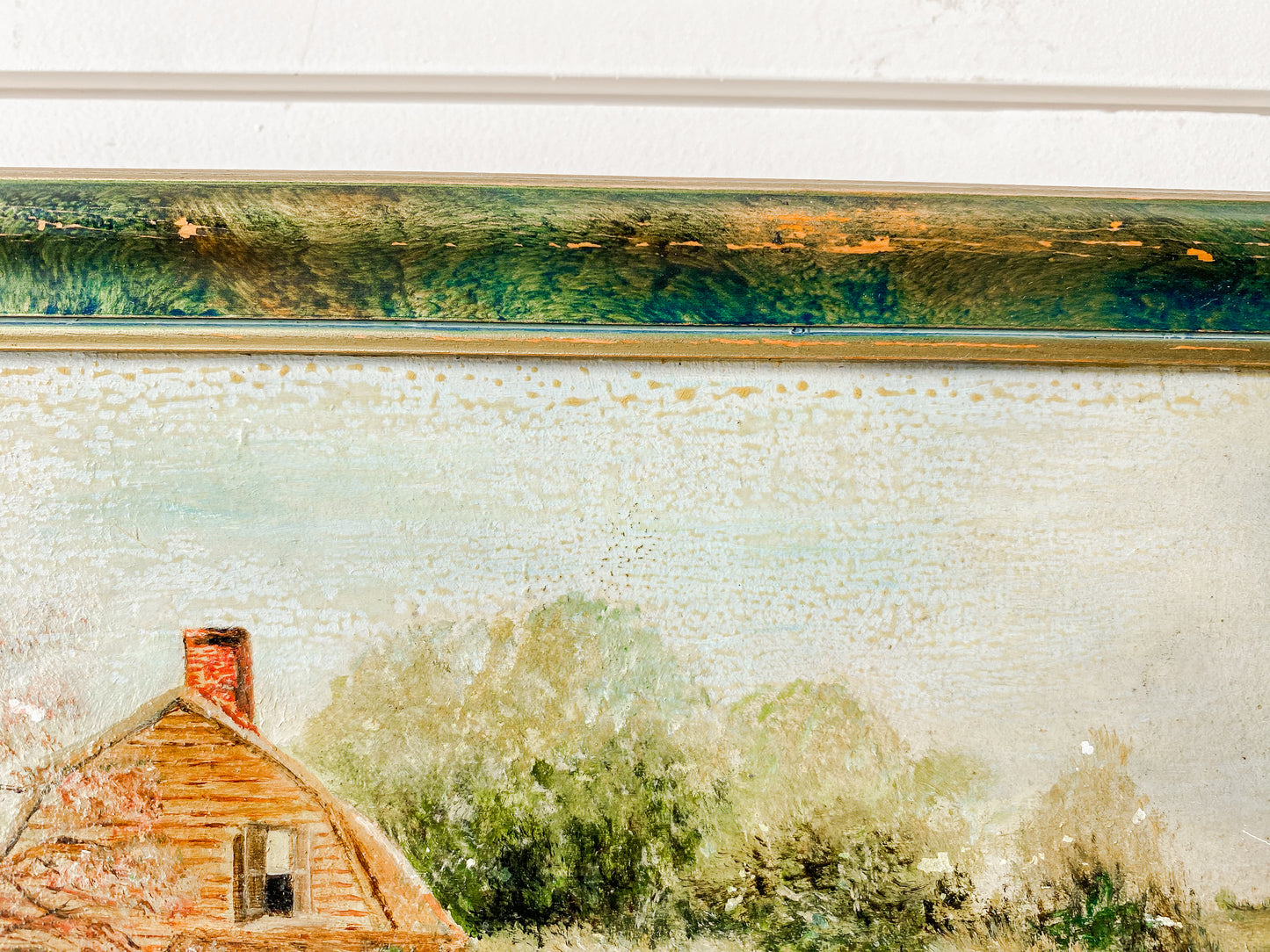 Antique Original Thatched Cottage Landscape Framed Oil Painting in Green Frame