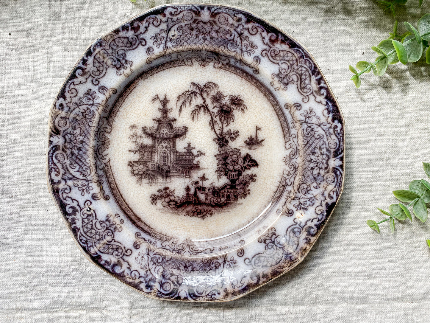 Antique Mulberry Transferware 8" Ironstone Plate | "Corean" by Podmore Walker. & Co., c1840