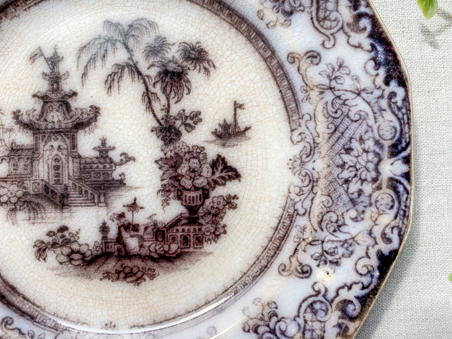 Antique Mulberry Transferware 8" Ironstone Plate | "Corean" by Podmore Walker. & Co., c1840