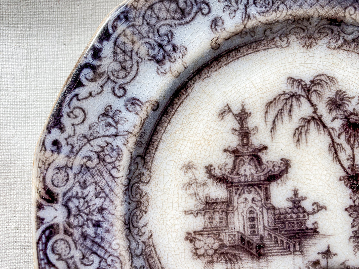 Antique Mulberry Transferware 8" Ironstone Plate | "Corean" by Podmore Walker. & Co., c1840