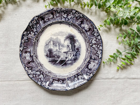 Antique Dark Flow Blue Transferware 9" Ironstone Plate | Montezuma by J. Goodwin, c1850