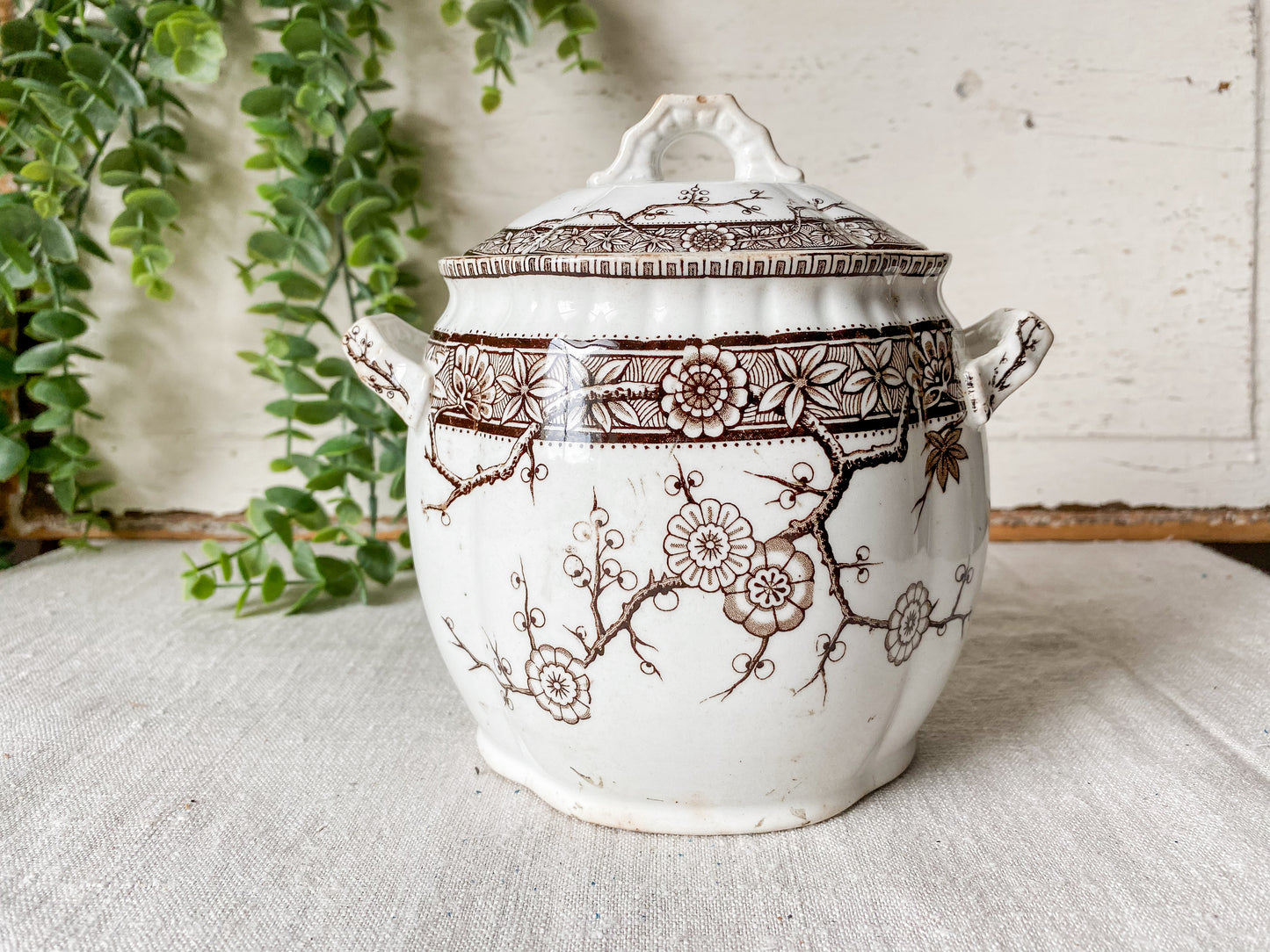 Antique Ironstone Sugar Bowl with Brown Floral Transfer | Furnivals England c1880