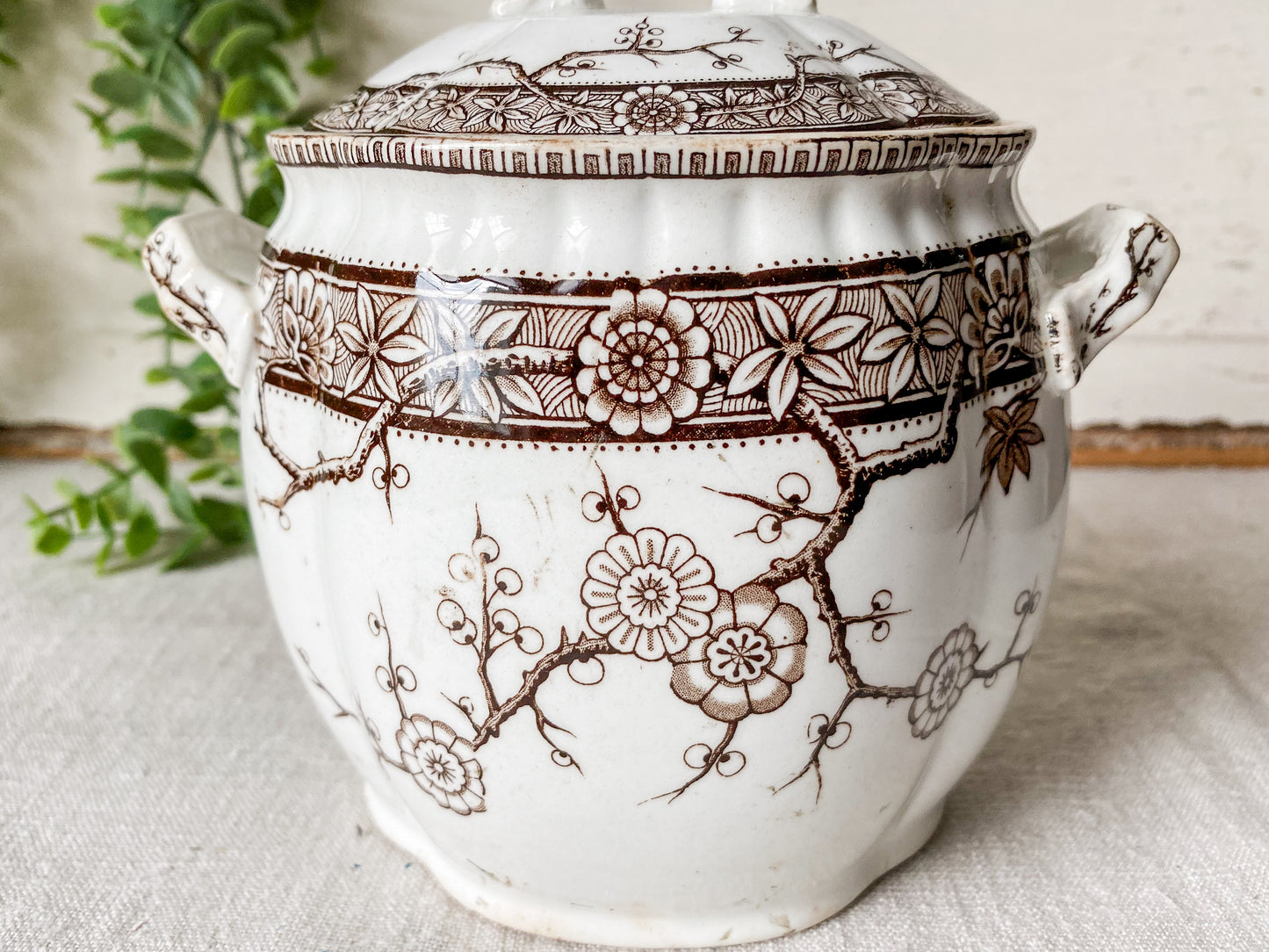 Antique Ironstone Sugar Bowl with Brown Floral Transfer | Furnivals England c1880