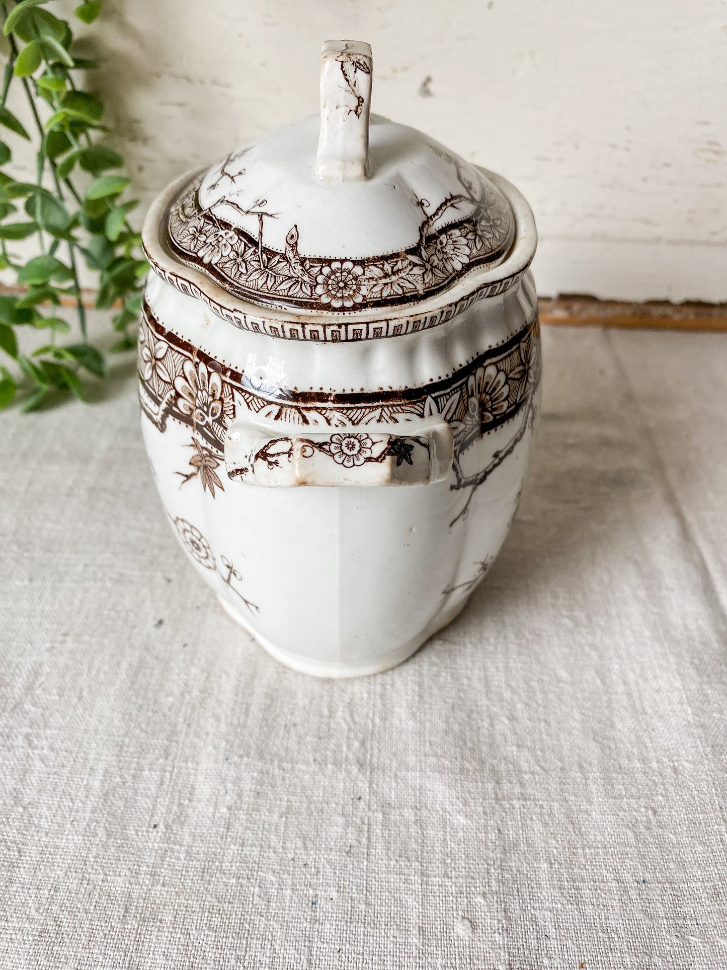 Antique Ironstone Sugar Bowl with Brown Floral Transfer | Furnivals England c1880