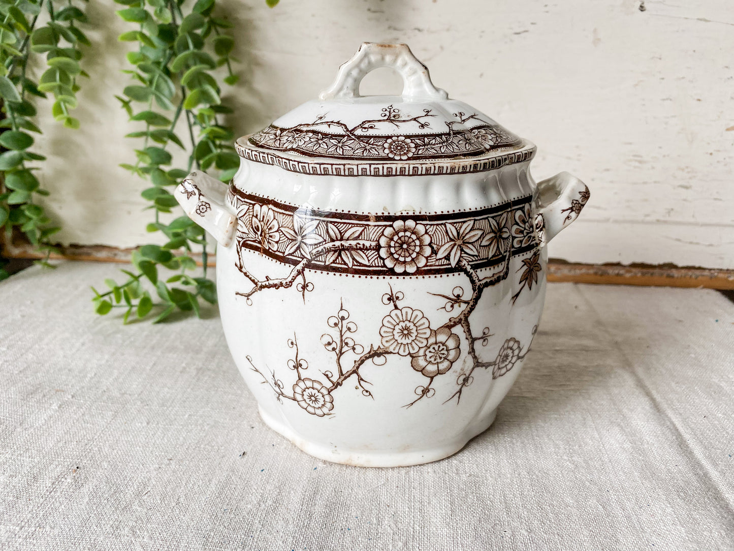 Antique Ironstone Sugar Bowl with Brown Floral Transfer | Furnivals England c1880