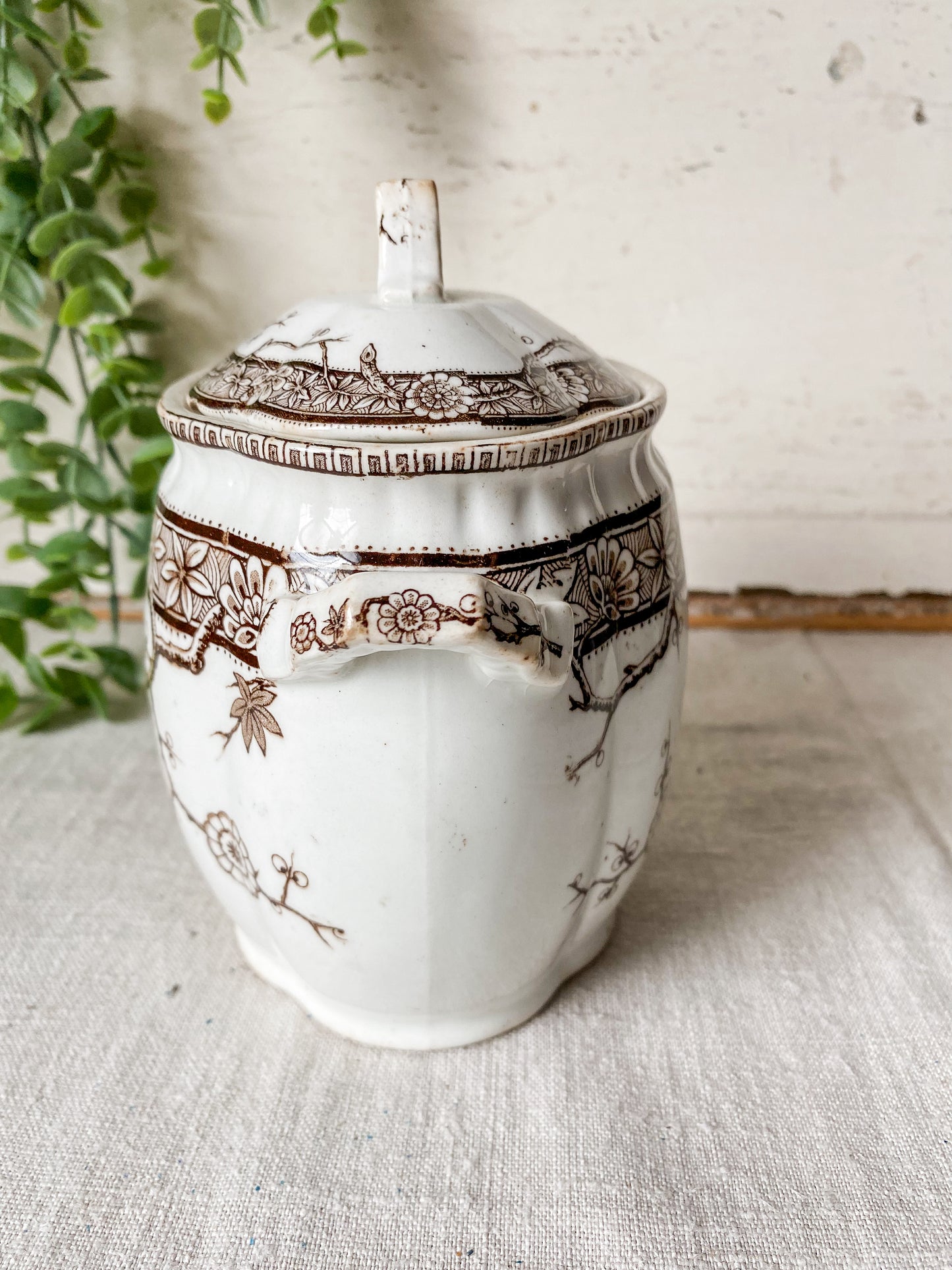 Antique Ironstone Sugar Bowl with Brown Floral Transfer | Furnivals England c1880