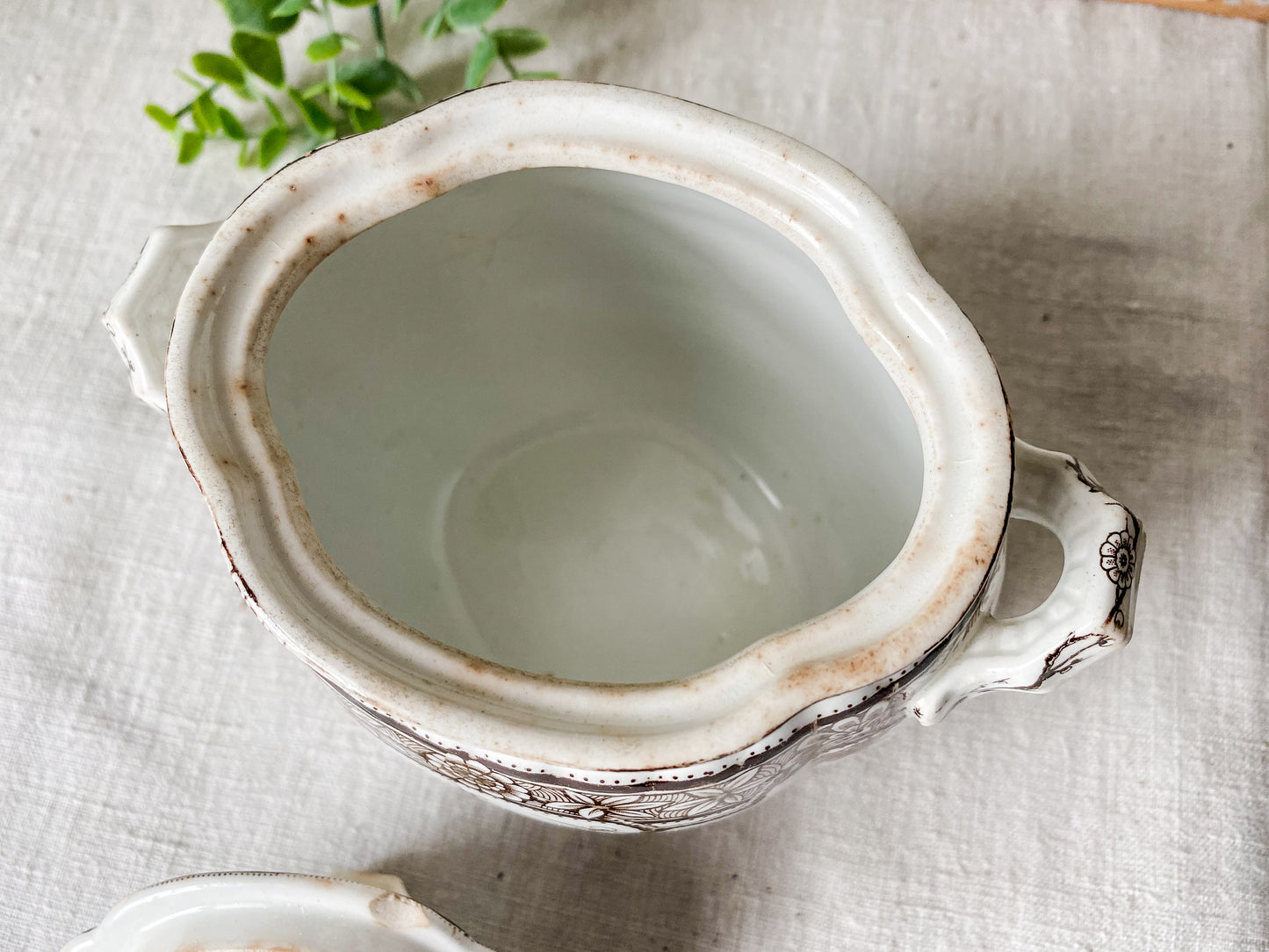 Antique Ironstone Sugar Bowl with Brown Floral Transfer | Furnivals England c1880