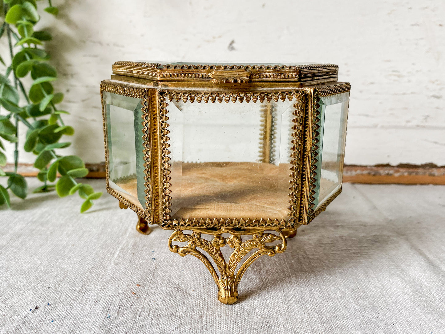 Vintage Ormolu Jewelry Casket | Beveled Glass Trinket Box